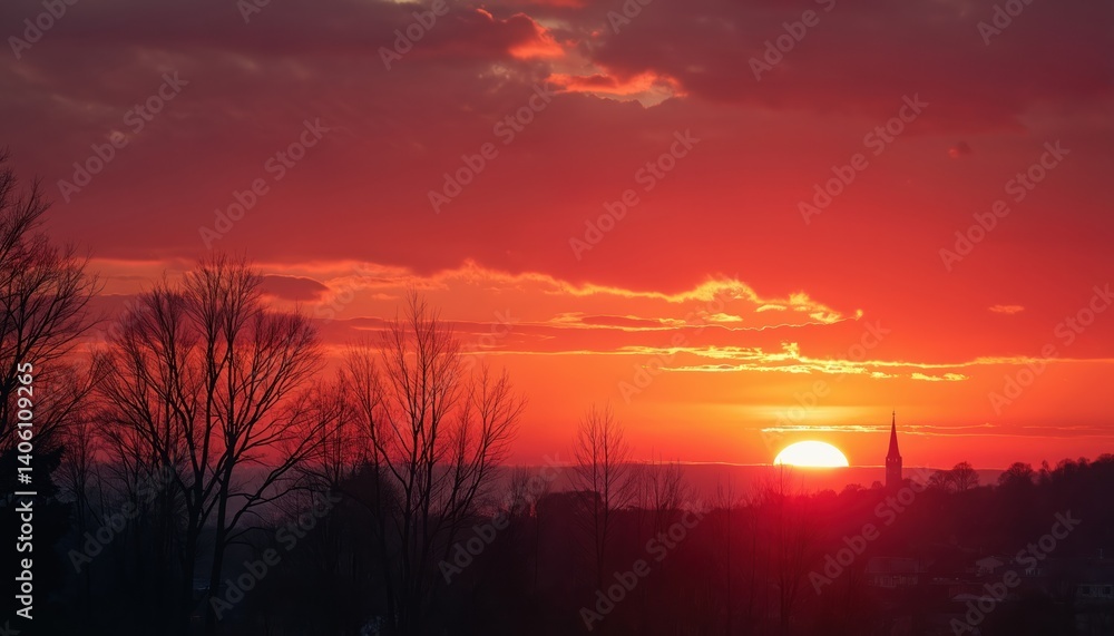 Naklejka premium Fiery sunset over the city, with crimson, red and orange colors in the evening sky. Silhouettes of trees and the church. Natural lighting, beautiful weather, vibrant scenic background.