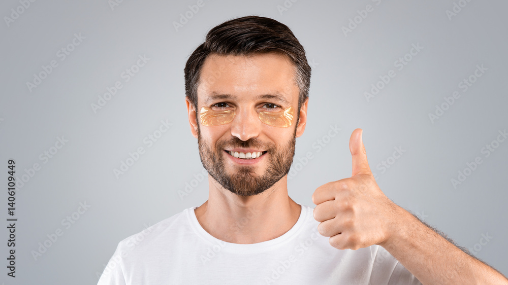 Middle-aged bearded man with golden patches under eyes from wrinkles and dark circles showing thumb up, grey studio background. Happy man with eye patches on his face, copy space, face care for men Middle-aged bearded man with golden patches under eyes from wrinkles and dark circles showing thumb up, grey studio background. Happy man with eye patches on his face, copy space, face care for men