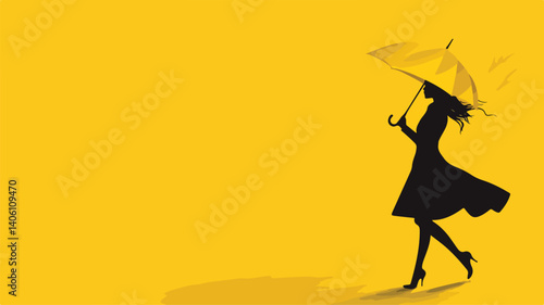 Graceful Woman Embracing Wind with Umbrella in Stylish Pose