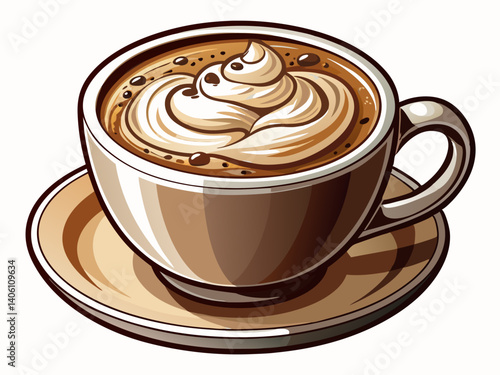 A high-quality vector illustration of a white cappuccino cup with frothy milk and cocoa powder, isolated on a white background, warm and inviting design