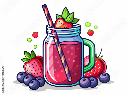 A high-quality vector illustration of a mason jar filled with berry smoothie and straw, isolated on a white background, fresh and colorful design