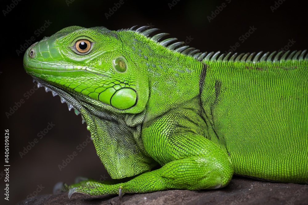 Side profile of large green iguana against natural blur background showcasing distinctive scaled body structure and nature lizard species portrait composition Side profile of large green iguana against natural blur background showcasing distinctive scaled body structure and nature lizard species portrait composition