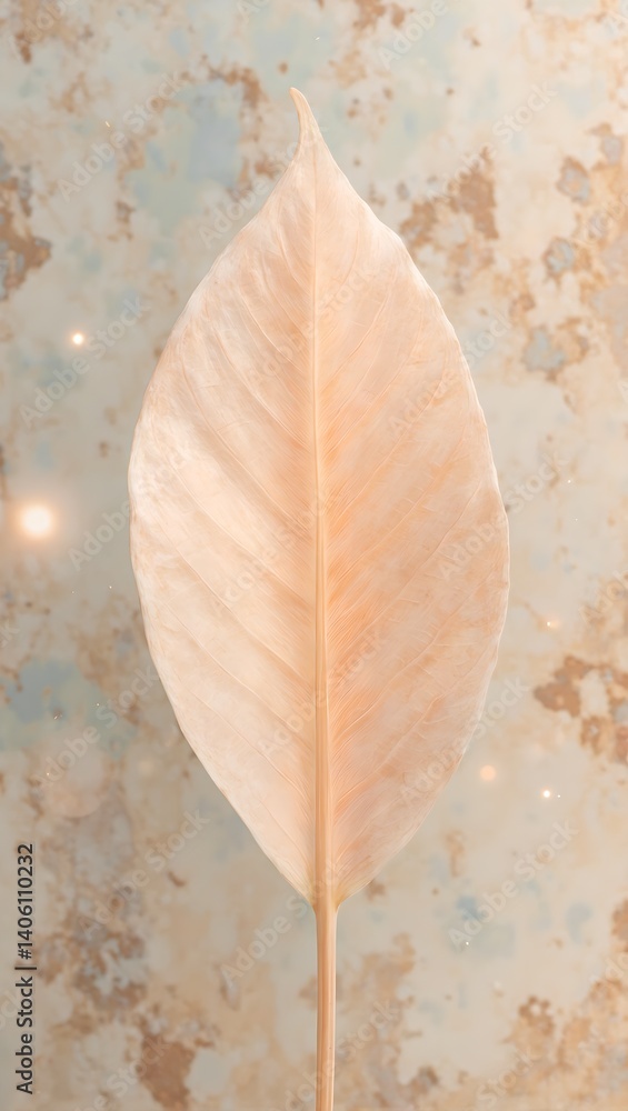 Obraz premium A serene close up of a delicate peach leaf on textured porcelain showcasing soft colors and intricate veins with a hint of gentle sunlight