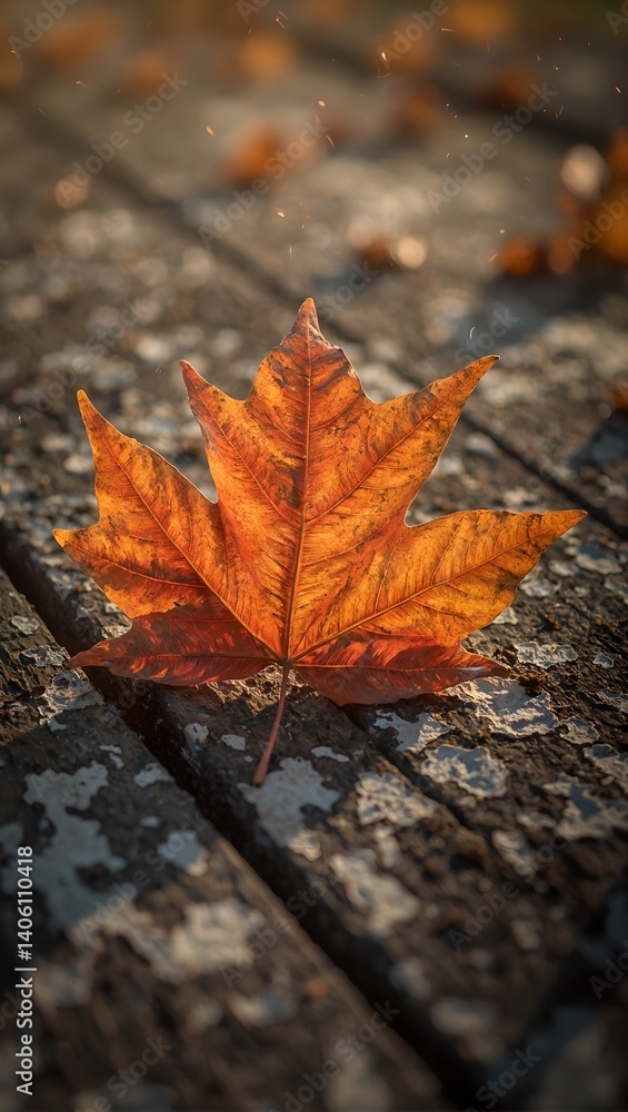 Vibrant autumn leaf on weathered barn wood sharp textures softened by gentle lens flare and color grading for a high dynamic range image Vibrant autumn leaf on weathered barn wood sharp textures softened by gentle lens flare and color grading for a high dynamic range image