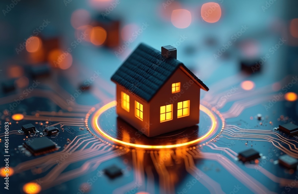 Miniature house with illuminated windows on circuit board background, showing energy efficiency and smart home tech. Innovative heating concept, energy saving, IoT and renewable energy themes. Miniature house with illuminated windows on circuit board background, showing energy efficiency and smart home tech. Innovative heating concept, energy saving, IoT and renewable energy themes.