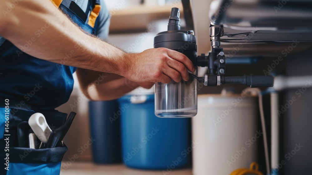 Plumber installing a water filtration system under a kitchen sink. Featuring expertise and precision Plumber installing a water filtration system under a kitchen sink. Featuring expertise and precision