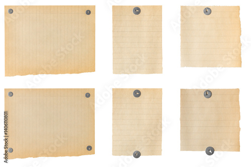 Six pieces of aged paper attached with thumbtack on transparent background, creating a nostalgic and textured backdrop