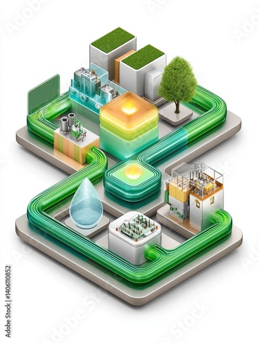 Zero-waste production models circular systems, Abstract illustration of smart city infrastructure with energy flow. Modular waste loops, biodegradable production