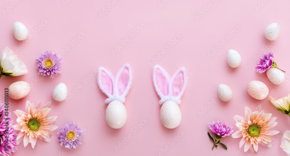 Fototapeta premium Easter eggs with bunny ears and flowers on a pink background