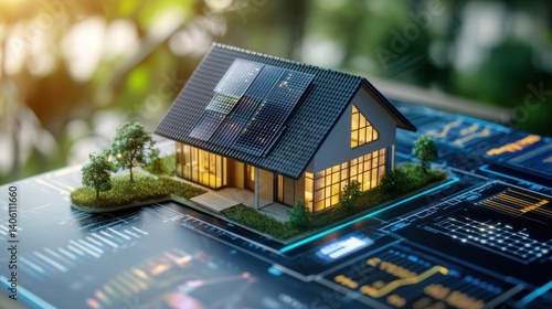 A miniature eco-friendly house surrounded by holographic charts on environmental sustainability.