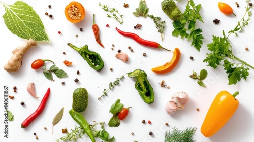 Poster background with various vegetables and spices on a white background