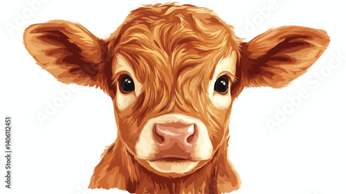 Funny Calf Farm Closeup Vector Style Illustration