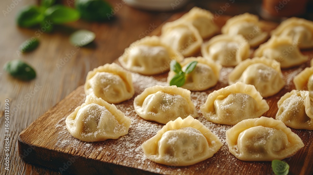 Freshly made dumplings arranged on a wooden board, dusted with flour, ready for cooking in a cozy kitchen setting Freshly made dumplings arranged on a wooden board, dusted with flour, ready for cooking in a cozy kitchen setting
