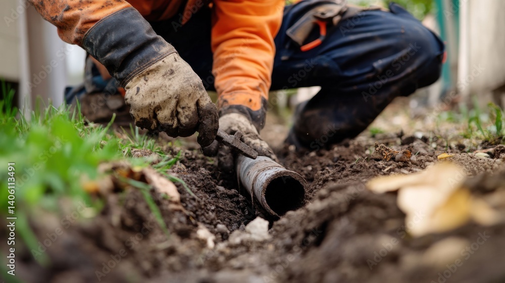 Plumber repairing a broken sewer line outside a house. Featuring skill and problem-solving Plumber repairing a broken sewer line outside a house. Featuring skill and problem-solving