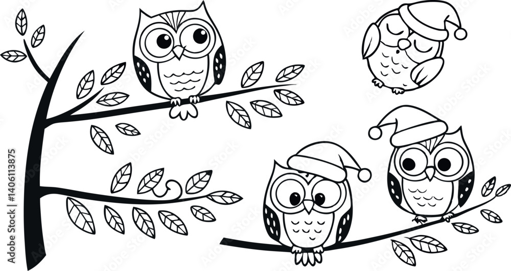 Fototapeta premium Cute Hand-Drawn Owl Vector Set – Line Art EPS Clipart Collection.eps