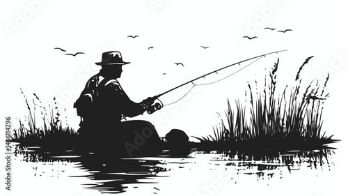 Hand Drawn Fly Fisherman Silhouette Illustration for Outdoor Adventure and Fishing Enthusiasts