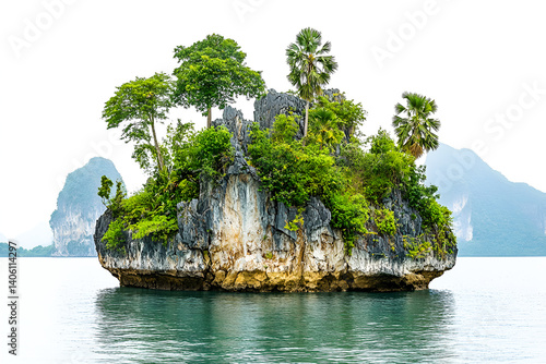 Serene Tropical Island Paradise Lush Greenery Calm Ocean Stunning Rock Formation