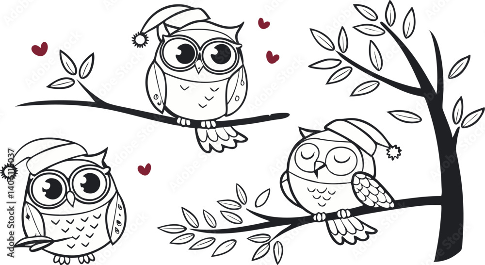 Fototapeta premium Cute Hand-Drawn Owl Vector Set – Line Art EPS Clipart Collection.eps