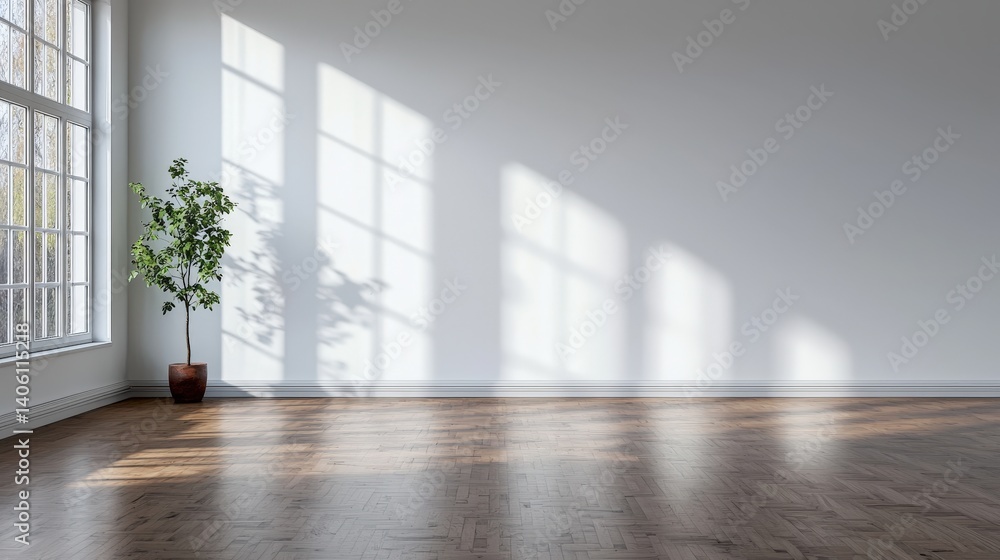 Bright and airy empty room with sunlight streaming through large windows and a potted plant in the corner creating a serene atmosphere Bright and airy empty room with sunlight streaming through large windows and a potted plant in the corner creating a serene atmosphere