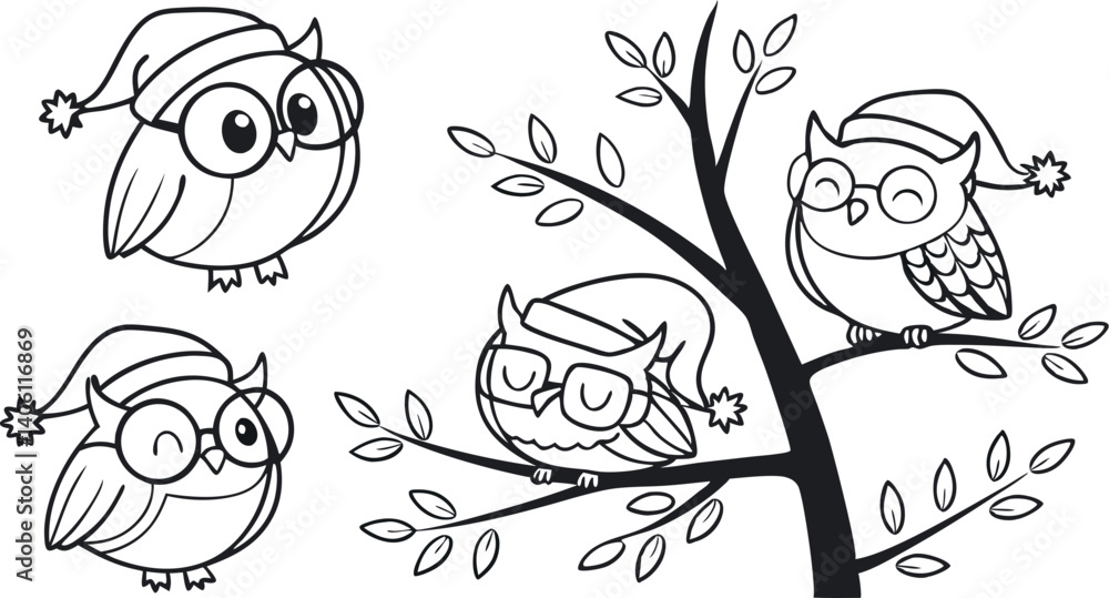 Fototapeta premium Cute Hand-Drawn Owl Vector Set – Line Art EPS Clipart Collection.eps