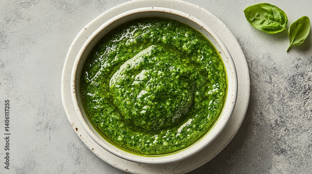 Fresh Pesto Sauce in Bowl with Basil Leaves on White Plate Fresh Pesto Sauce in Bowl with Basil Leaves on White Plate