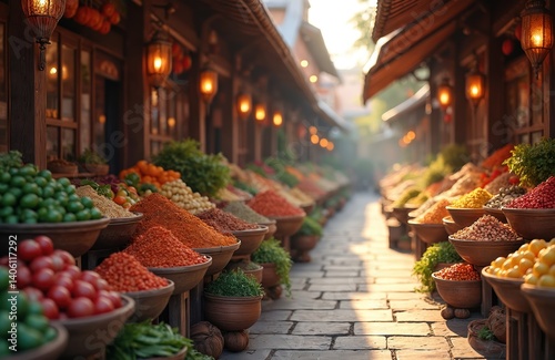 Traditional oriental bazaar street market with various fruits vegetables spices. Colorful stalls on town street. Eastern food bazaar with selling goods. Travel to exotic places, tourism and market.