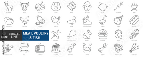 Meat, poultry, seafood, and eggs icons set, editable line icon pack. food, protein, cooking, ingredients, kitchen, culinary symbols. simple vector collection.