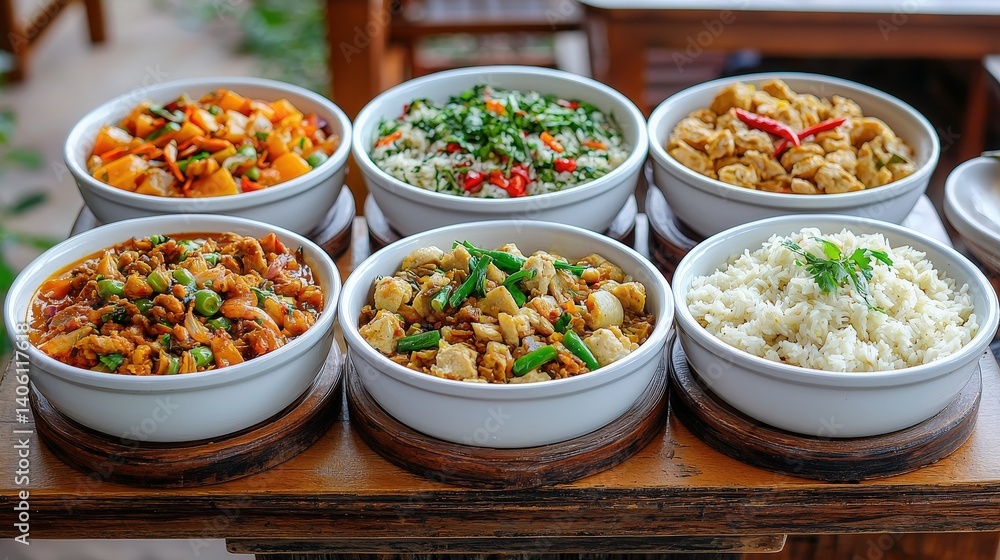 Colorful selection of traditional dishes displayed in bowls on a wooden table, highlighting a variety of ingredients and preparation styles during a meal gathering Colorful selection of traditional dishes displayed in bowls on a wooden table, highlighting a variety of ingredients and preparation styles during a meal gathering