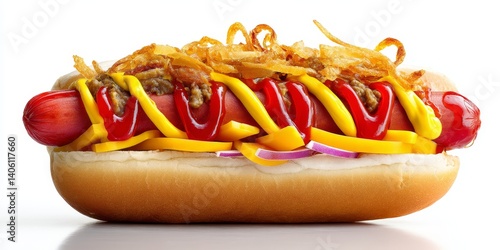 Delicious Grilled American Cuisine: Crispy Sausage Hot Dog with Tasty Toppings - The Perfect Summer Fast Food Snack