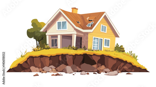 Modern Isolated House in Landslide Disaster - Vector Illustration