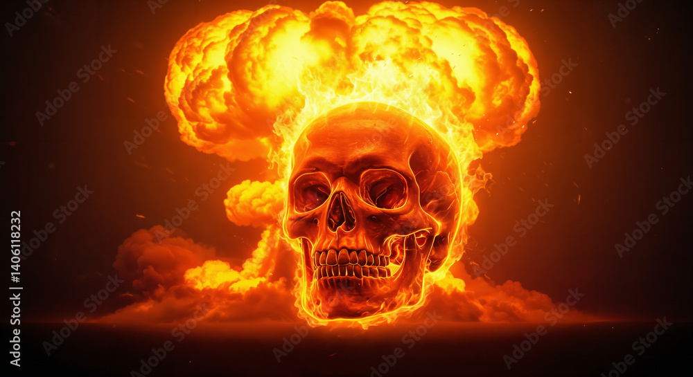 A mesmerizing image of a blazing skull amidst fiery explosions, resembling a mushroom cloud in vivid orange hues. A mesmerizing image of a blazing skull amidst fiery explosions, resembling a mushroom cloud in vivid orange hues.