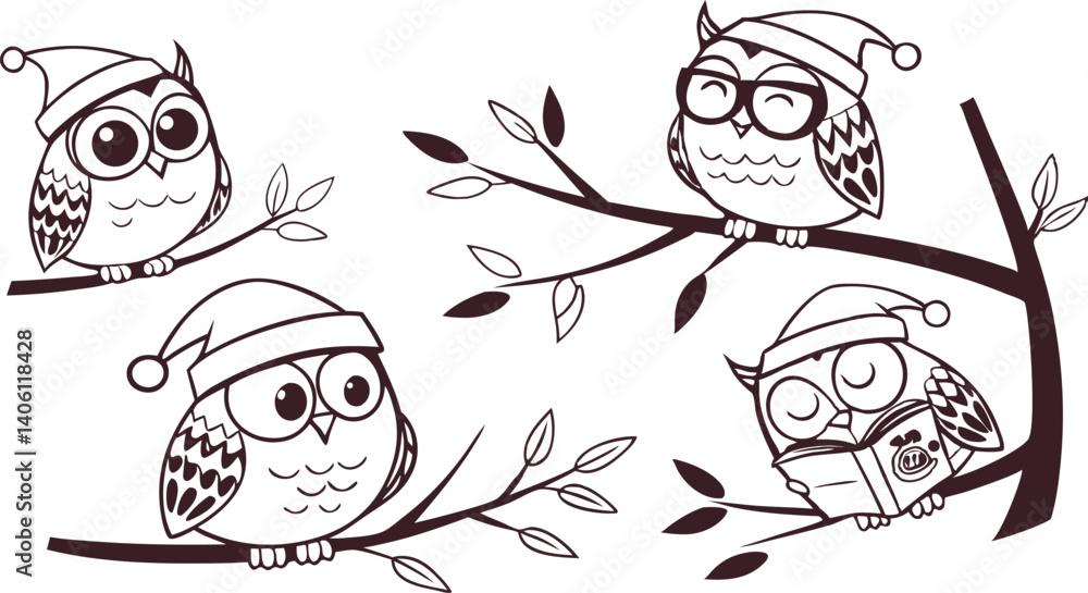 Fototapeta premium Cute Hand-Drawn Owl Vector Set – Line Art EPS Clipart Collection.eps