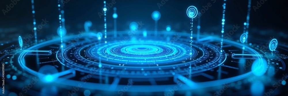 Fototapeta premium A futuristic digital interface with glowing neon-blue holographic elements, floating in a dark high-tech space. Ultra-realistic 3D rendering of data streams