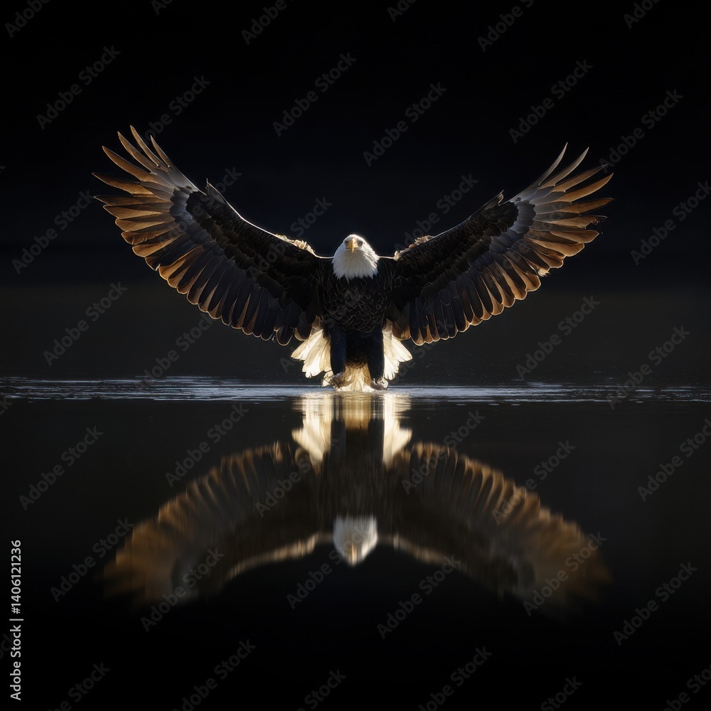 Bald eagle with symmetrical wings and dramatic lighting