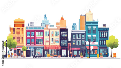 Urban Cityscape with Multiple Cafe Icons on Modern Street