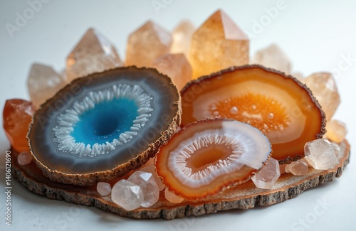 Collection of agate crystal slices, druse crystals, quartz, amethyst gemstones. Blue, orange, brown, white colors. Natural minerals, cross sections, transparent stones, gemstone texture, design,