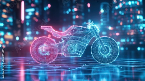 A polygonal model of a futuristic bike displayed as a wireframe hologram, against a high-tech city backdrop.