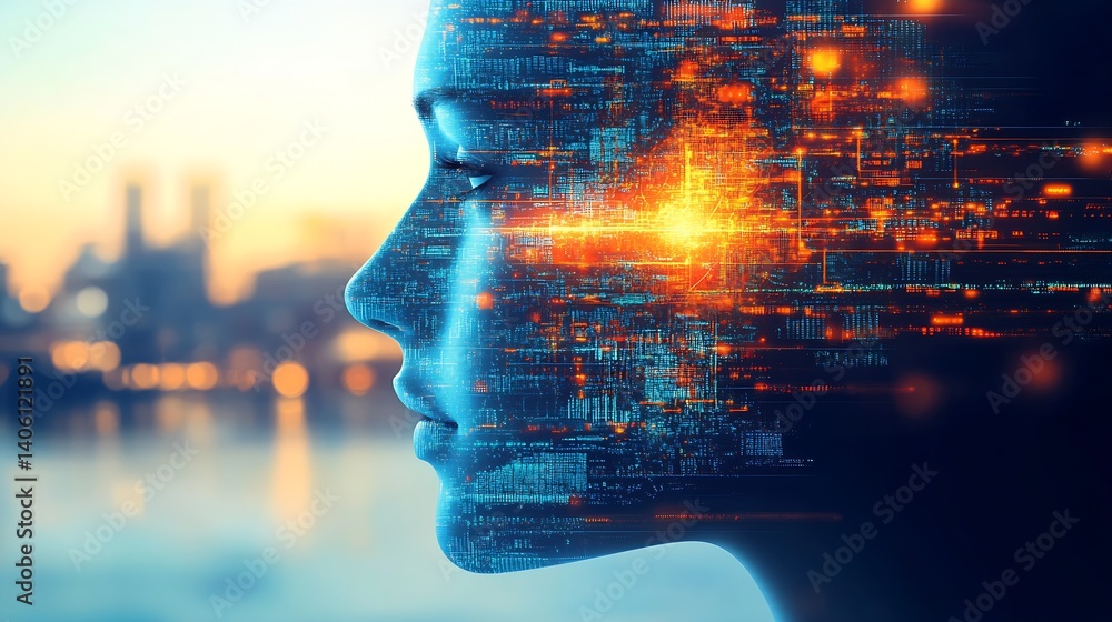 Profile of a Digital Human Face Merging Technology and Nature with Vibrant Colorful Graphics : Generative AI