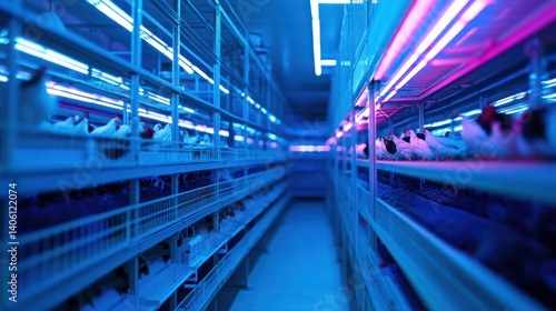 A poultry farm with robotic systems for egg-laying management, illuminated by glowing holographic controls and eco-friendly technology