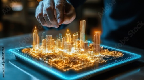 A professional touching a digital tablet that projects a dynamic hologram of a city layout, demonstrating real estate development concepts.
