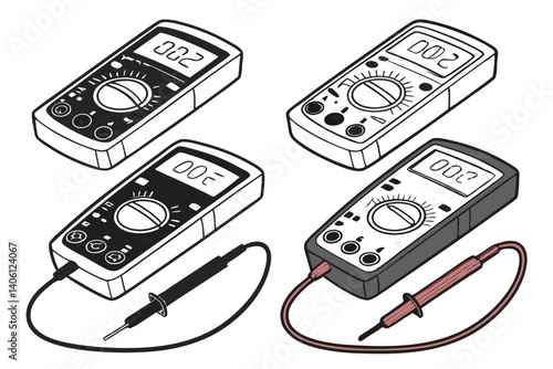 Isometric Vector Illustration Featuring Four Multimeters for Electrical Measurement and Testing