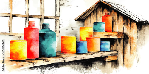 Vibrant Watercolor Vector Illustration Featuring Colorful Bottles and Jars Arranged on Rustic Wooden Shelves Near Window with Vintage Interior Home Decor Elements