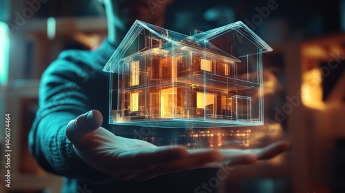A real estate agent holding a 3D holographic house, showcasing futuristic property investments.