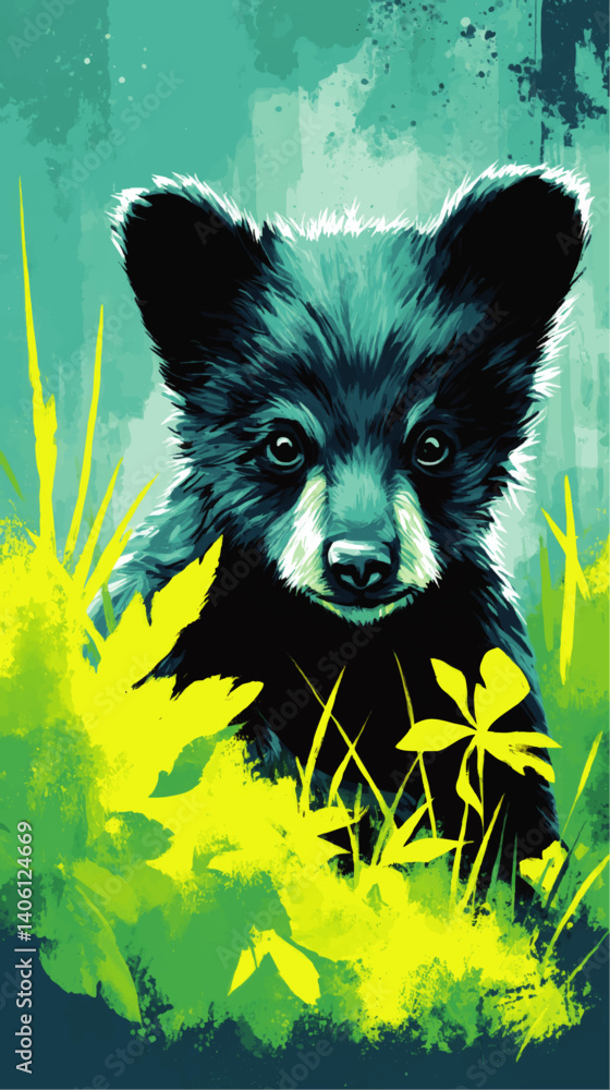 Fototapeta premium Stunning Vector Illustration of Cute Bear Cub in Lush Vibrant Green and Blue Forest Background Perfect for Wildlife Art Nature Inspired Decor and Animal Lovers Content