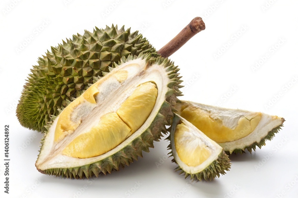 Exotic Durian Fruit: Vibrant, Fresh, and Ready to Eat! High-resolution image of a single durian fruit, perfectly isolated on a clean white background. Exotic Durian Fruit: Vibrant, Fresh, and Ready to Eat! High-resolution image of a single durian fruit, perfectly isolated on a clean white background.