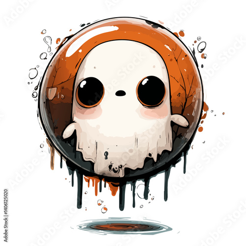 Vector illustration of a floating bubble ghost with translucent, soapy textures, cute spooky