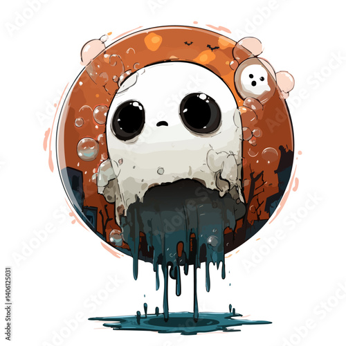 Vector illustration of a floating bubble ghost with translucent, soapy textures, cute spooky