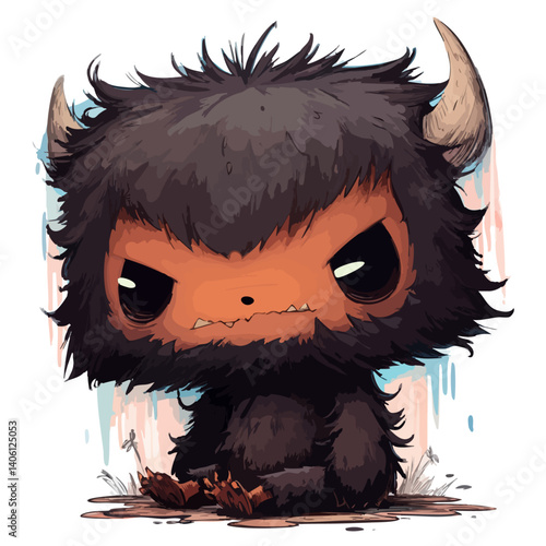 Vector illustration of a fuzzy demon with soft fur and tiny horns, cute yet menacing