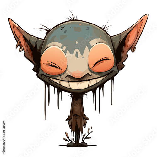 Vector illustration of a giggling goblin with pointy ears and a mischievous smirk, fantasy prankster