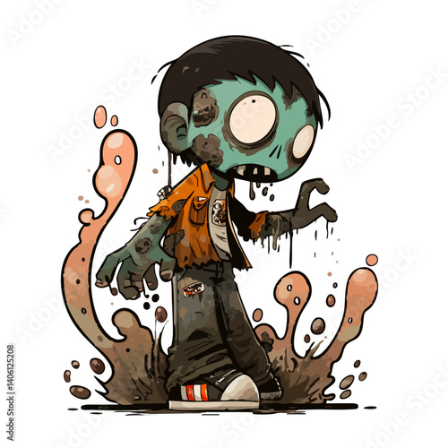 Vector illustration of a green zombie with rotting skin and torn clothes, horror-comedy style